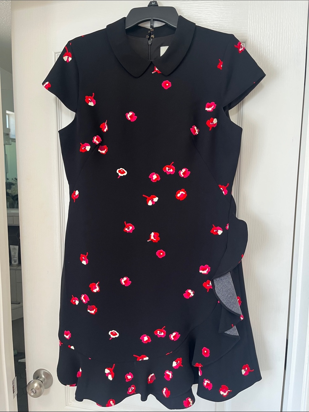 Kate Spade Black Floral Ruffle Dress with cap sleeves, size 10